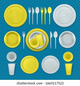 Set of realistic plastic dishes on a transparent blue background. Classic white and yellow disposable tableware.