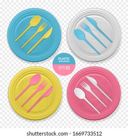 Set of realistic plastic dishes on a transparent background. Varicolored disposable tableware.