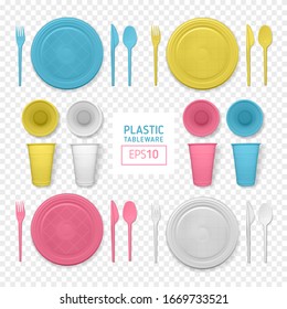 Set of realistic plastic dishes on a transparent background. Varicolored disposable tableware.