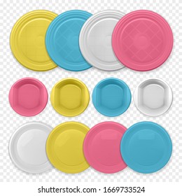 Set of realistic plastic dishes on a transparent background. Varicolored disposable tableware.