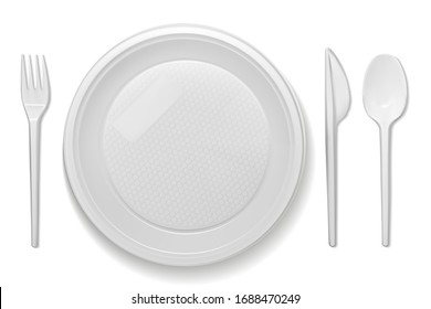 Set of realistic plastic dishes on a white background. Classic white disposable tableware. Realistic vector 3D illustration in EPS10 format.