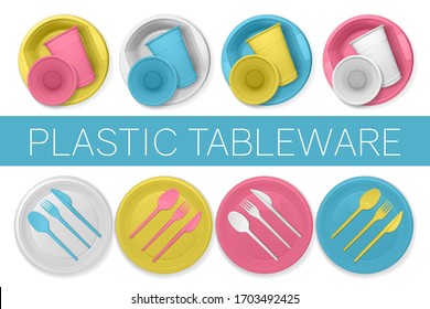 Set of realistic plastic dishes on a white background. Varicolored disposable tableware.