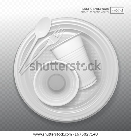 Set of realistic plastic dishes on a transparent background. Classic white disposable tableware. Realistic vector 3D illustration in EPS10 format.