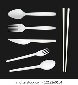 Set of realistic plastic forks, plastic knife , plastic spoon and plastic chopsticks vector
