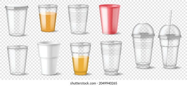 Set of realistic plastic glass empty and full cups for mockup disposable drinks container for branding. Hot and cold beverage takeaway isolated on transparent background. 3d vector illustration svg