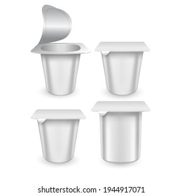 Set of realistic plastic packages with yogurt. Dairy sour cream with foil lid. Mockup of White plastic pots with foil cover for yogurt and other products