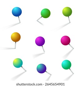 Set of realistic plastic round thumbtack in different angles.