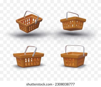 Set of realistic plastic shopping baskets. Collection 3D illustrations of baskets from different views. Empty plastic vented boxes with handles. Color three dimensional icons for online stores