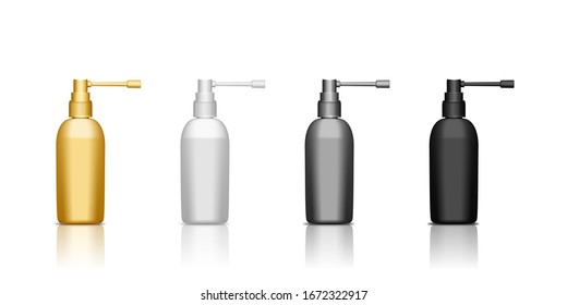 Set of realistic realistic plastic spray bottle for throat disease treatment. Isolated vector illustration. Packaging medicine blank mockup template.