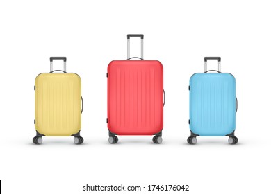 Set of realistic plastic suitcases. Travel bag isolated on white background. Vector Illustration