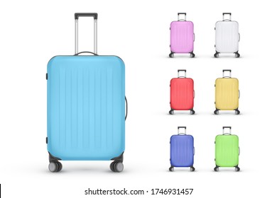 Set of realistic plastic suitcases. Travel bag isolated on white background. Vector Illustration