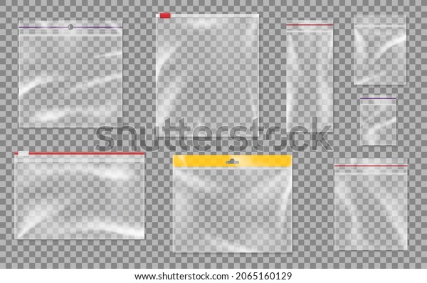 Set of\
realistic plastic zipper bags with zip locks isolated on\
transparent background. Clear ziplock packages for food storage.\
Packaging template. 3d vector\
illustration