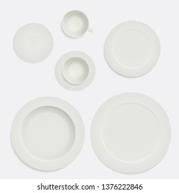 Set realistic plates, cup and saucer creamy color. Kitchen utensils isolated on white background - vector
