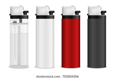 Set of realistic pocket plastic colorful gas or gasoline lighters isolated on white background 3d vector illustration