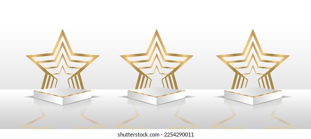 conjunto realista de diseño de pantalla de podio con adornos de estrella dorada