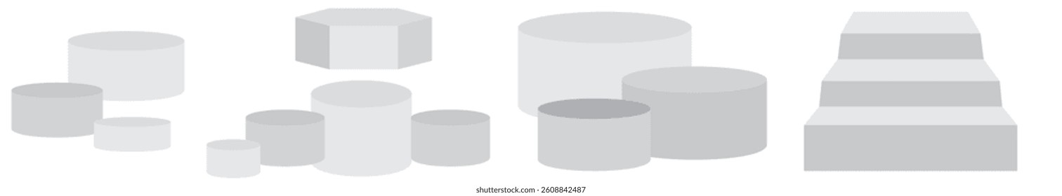 Set realistic podium. Pedestal and platform, stand stage, cylinder. Round empty stages and podium stairs 3d template. vector illustration.