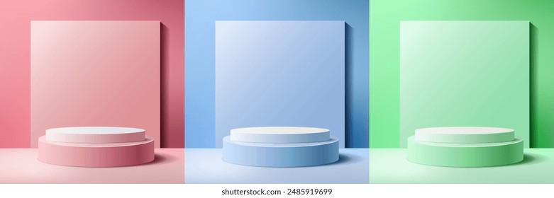 Set of realistic podiums in abstract room.  Vector rendering of geometric shapes. Minimal scene. Scene for shop window, product display mockup