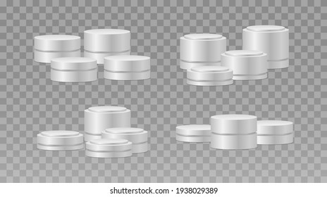 Set of realistic podiums. Podium or platform for award ceremony and product presentation. Pedestal for winners. Round and square empty stages and podium stairs.