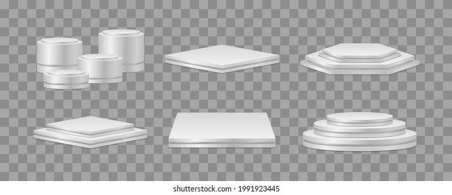 Set of realistic podiums. Podium or platform for award ceremony and product presentation. Pedestal for winners. Round and square empty stages and podium stairs.