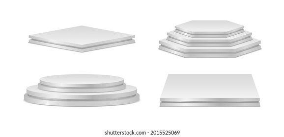 Set of realistic podiums. Podium or platform for award ceremony and product presentation. Pedestal for winners. Round and square empty stages and podium stairs.