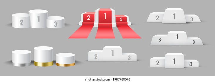 Set of realistic podiums for winner reward. Champions pedestals 3d design. Tournament and competition victory ceremony symbols template isolated. Vector illustration