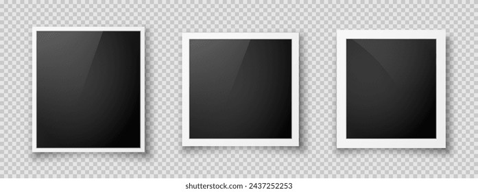 A set of realistic Polaroid photo frame layouts with glare on a gray background. A collection of vintage postcards. The layout of an empty photo frame with a shadow. Vector EPS 10.