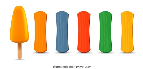 Set of realistic popsicle sticks. Banana ice cream 3D. Vector illustration, summer season.