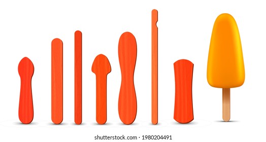 Set of realistic popsicle sticks. Banana ice cream 3D. Vector illustration, summer season.