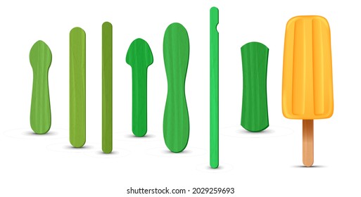 Set of realistic popsicle sticks. Banana ice cream 3D. Vector illustration, summer season.