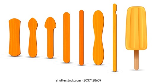 Set of realistic popsicle sticks. Banana ice cream 3D. Vector illustration, summer season.