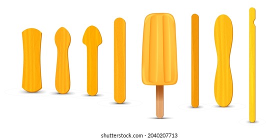 Set of realistic popsicle sticks. Banana ice cream 3D. Vector illustration, summer season.