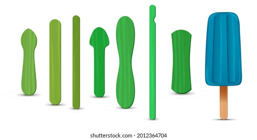 Set of realistic popsicle sticks. Blue ice cream 3D. Vector illustration, summer season.