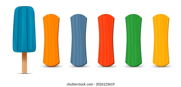 Set of realistic popsicle sticks. Blue ice cream 3D. Vector illustration, summer season.