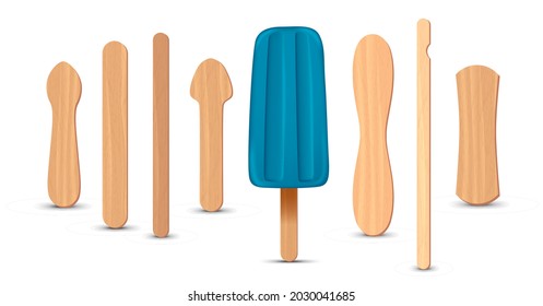 Set of realistic popsicle sticks. Blue ice cream 3D. Vector illustration, summer season.