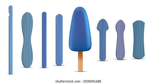 Set of realistic popsicle sticks. Blue ice cream 3D. Vector illustration, summer season.
