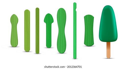 Set of realistic popsicle sticks. Green ice cream 3D. Vector illustration, summer season.