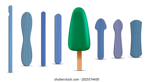 Set of realistic popsicle sticks. Green ice cream 3D. Vector illustration, summer season.