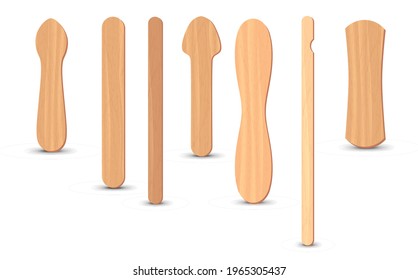 Set of realistic popsicle sticks. Ice lolly sticks, vector illustration, summer season.