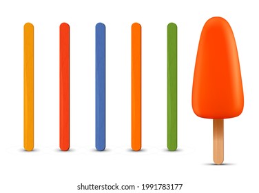 Set of realistic popsicle sticks. Orange ice cream 3D. Vector illustration, summer season.
