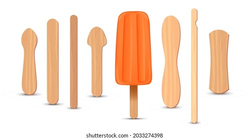 Set of realistic popsicle sticks. Orange ice cream 3D. Vector illustration, summer season.