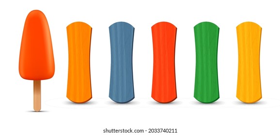 Set of realistic popsicle sticks. Orange ice cream 3D. Vector illustration, summer season.