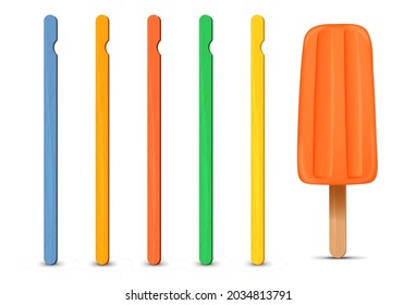 Set of realistic popsicle sticks. Orange ice cream 3D. Vector illustration, summer season.