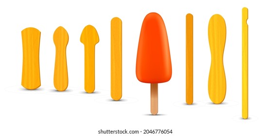 Set of realistic popsicle sticks. Orange ice cream 3D. Vector illustration, summer season. Vector illustration, summer season. Vector, summer season