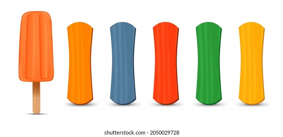 Set of realistic popsicle sticks. Orange strawberry ice cream 3D. Vector illustration, summer season.