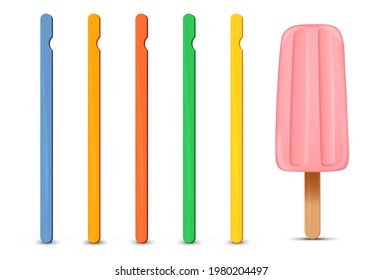 Set of realistic popsicle sticks. Pink strawberry ice cream 3D. Vector illustration, summer season.