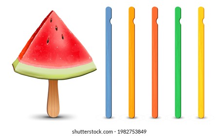 Set of realistic popsicle sticks. Watermelon piece on popsicle stick. Vector illustration, summer season.