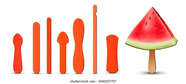 Set of realistic popsicle sticks. Watermelon piece on popsicle stick. Vector illustration, summer season.