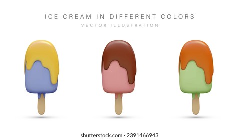 Set of realistic popsicles with icing, topping of different colors. Bright ice cream on wooden stick. Detailed image of cold dessert. Set of colored vector illustrations