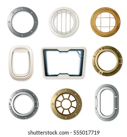 Set of realistic portholes of various shape and color for airplanes ships and submarines isolated vector illustration 