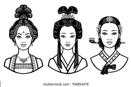 Set of realistic portraits of the young  Asian  girls with different hairstyles.  China, Japan, Korea. Monochrome vector illustration isolated on a white background. Print, poster, t-shirt, card. 